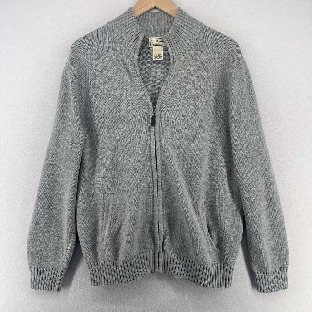 LL BEAN Sweater Mens M Cardigan Jacket Full Zip Mock Neck 100% Cotton Gray